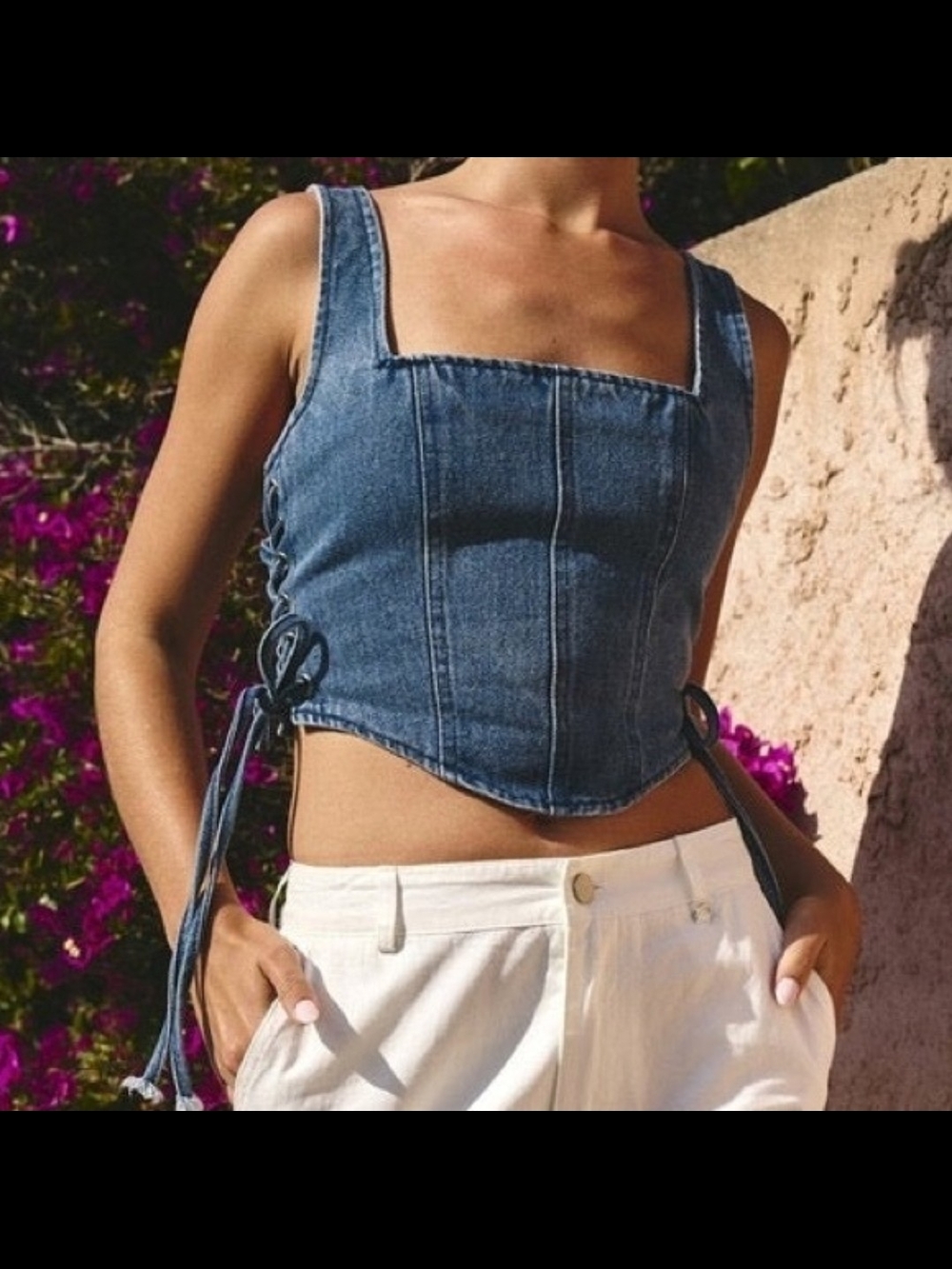 Altar'd State Denim Tie-Side Corset Crop Top - Blue